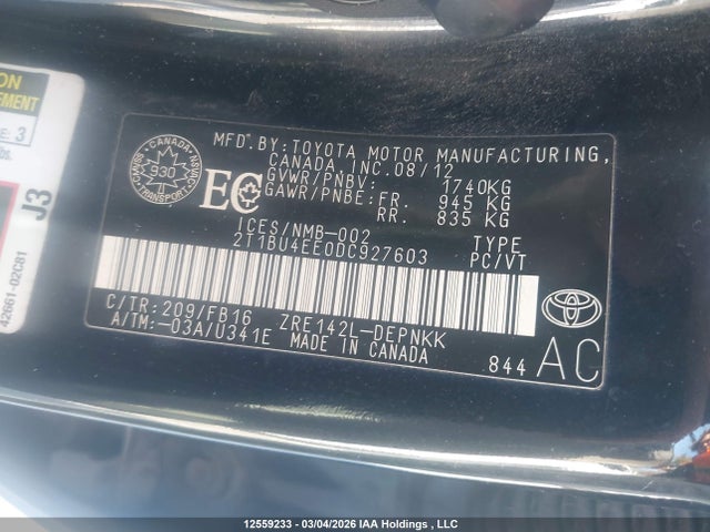 2013 Toyota Corolla S/le მანქანა იყიდება აუქციონზე, vin: 2T1BU4EE0DC927603, აუქციონის ნომერი: 12559233