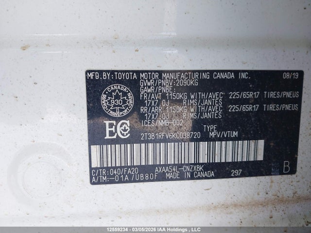Aukcja sprzedaży 2019 Toyota Rav4 Le, vin: 2T3B1RFV6KC038720, numer aukcji: 12559234