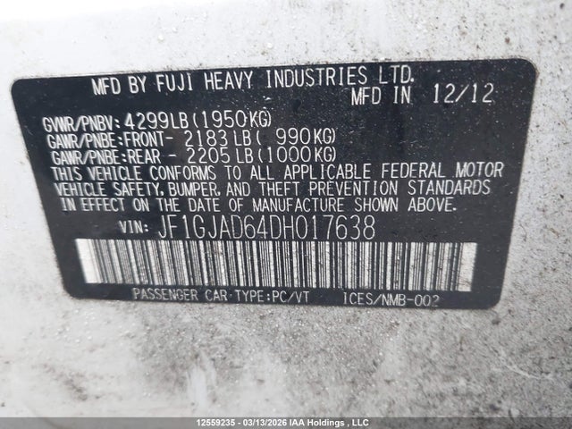 12559235 :رقم المزاد ، JF1GJAD64DH017638 vin ، 2013 Subaru Impreza مزاد بيع