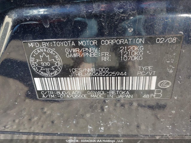 2008 Lexus Es 350 350 მანქანა იყიდება აუქციონზე, vin: JTHBJ46G682225944, აუქციონის ნომერი: 12559236