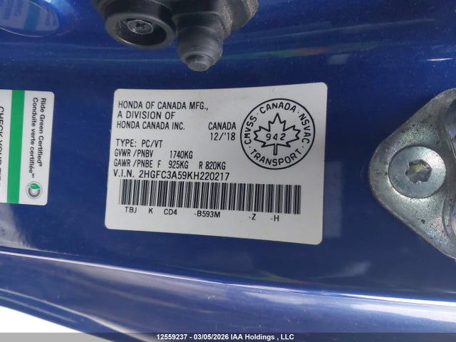 12559237 :رقم المزاد ، 2HGFC3A59KH220217 vin ، 2019 Honda Civic Si Si مزاد بيع