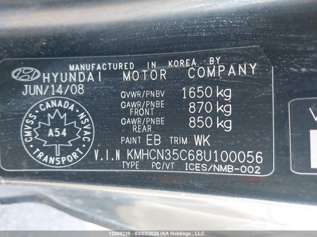 Aukcja sprzedaży 2008 Hyundai Accent Gl/gl Sport/l, vin: KMHCN35C68U100056, numer aukcji: 12559239