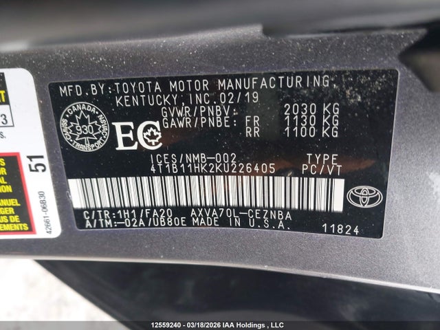 4T1B11HK2KU226405 Toyota CAMRY LE