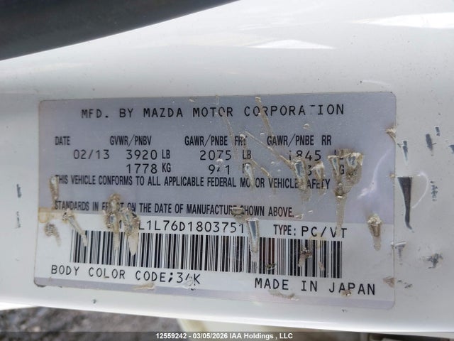 Aukcja sprzedaży 2013 Mazda Mazda3 Gs-sky, vin: JM1BL1L76D1803751, numer aukcji: 12559242