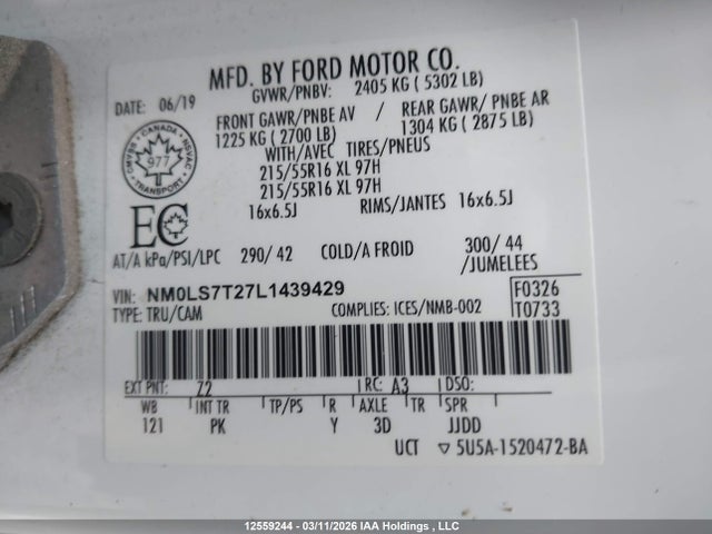 12559244 :رقم المزاد ، NM0LS7T27L1439429 vin ، 2020 Ford Transit Connect Xlt مزاد بيع