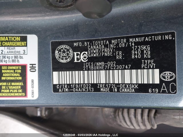 2T1BURHE7FC230747 Toyota Corolla L/le/le Pls/prm/s/s Pls