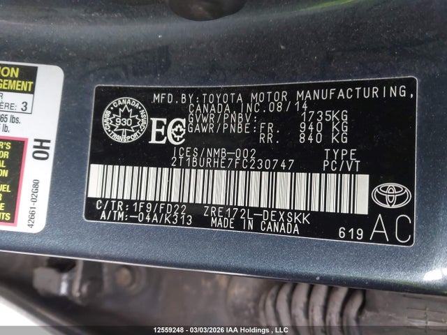 2T1BURHE7FC230747 Toyota Corolla L/le/le Pls/prm/s/s Pls