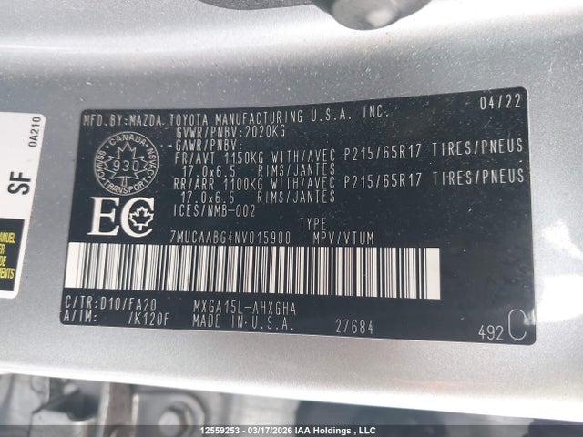 Aukcja sprzedaży 2022 Toyota Corolla Cross Le, vin: 7MUCAABG4NV015900, numer aukcji: 12559253