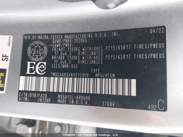 Aukcja sprzedaży 2022 Toyota Corolla Cross Le, vin: 7MUCAABG4NV015900, numer aukcji: 12559253