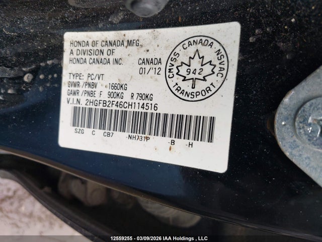2012 Honda Civic Lx მანქანა იყიდება აუქციონზე, vin: 2HGFB2F46CH114516, აუქციონის ნომერი: 12559255