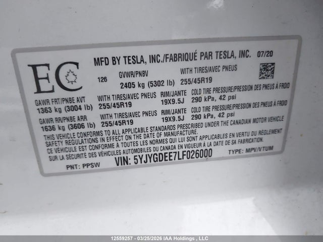 5YJYGDEE7LF026000 Tesla Model Y