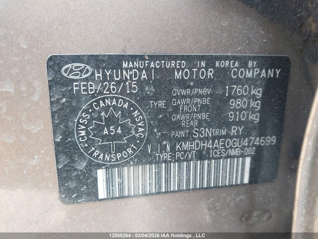 12559264 :رقم المزاد ، KMHDH4AE0GU474699 vin ، 2016 Hyundai Elantra Se/sport/limited مزاد بيع