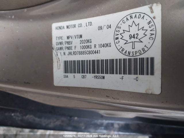 Продаж на аукціоні авто 2005 Honda Cr-v Ex, vin: JHLRD78885C800441, номер лоту: 12559276