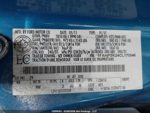 Aukcja sprzedaży 2012 Ford Focus, vin: 1FAHP3K24CL170546, numer aukcji: 12559283