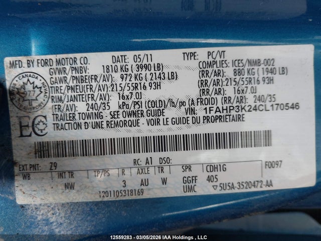 Aukcja sprzedaży 2012 Ford Focus, vin: 1FAHP3K24CL170546, numer aukcji: 12559283