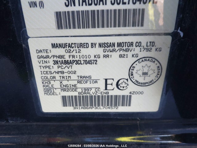 Продажа на аукционе авто 2012 Nissan Sentra 2.0 Sl, vin: 3N1AB6AP3CL704572, номер лота: 12559284