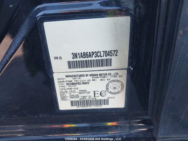 Продажа на аукционе авто 2012 Nissan Sentra 2.0 Sl, vin: 3N1AB6AP3CL704572, номер лота: 12559284