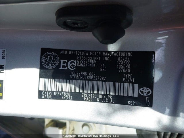 Aukcja sprzedaży 2021 Toyota Corolla, vin: 5YFBPMBE8MP227887, numer aukcji: 12559289