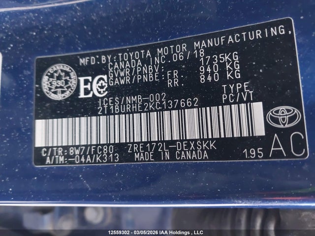 12559302 :رقم المزاد ، 2T1BURHE2KC137662 vin ، 2019 Toyota Corolla Se مزاد بيع