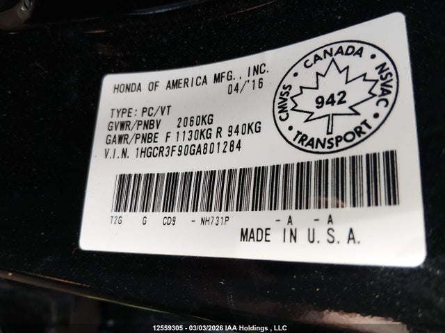 1HGCR3F90GA801284 Honda Accord Touring