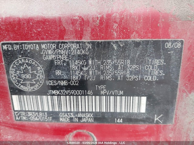 Aukcja sprzedaży 2009 Toyota Rav4 Sport, vin: JTMBK32V59D001146, numer aukcji: 12559320