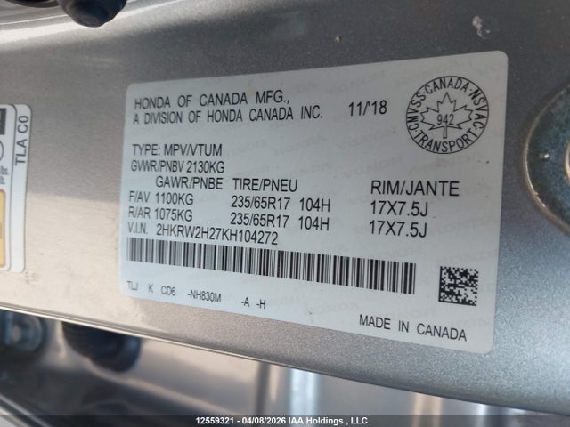 2HKRW2H27KH104272 Honda CR-V LX