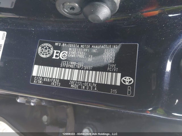 5YFBPMBE7NP318697 Toyota COROLLA LE