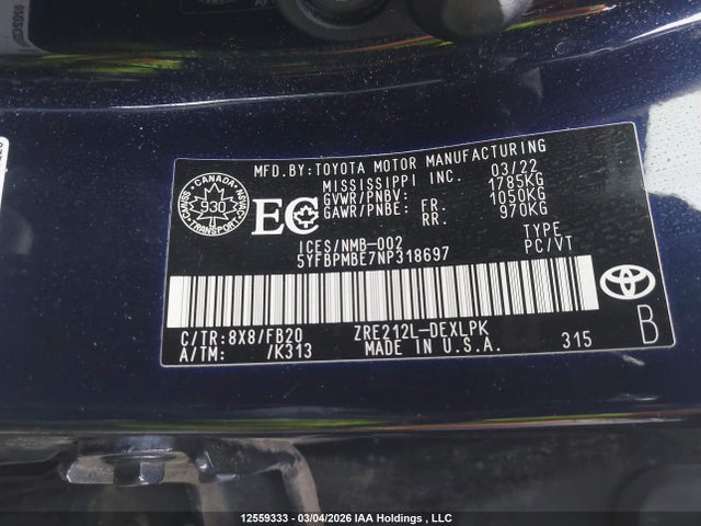 5YFBPMBE7NP318697 Toyota COROLLA LE