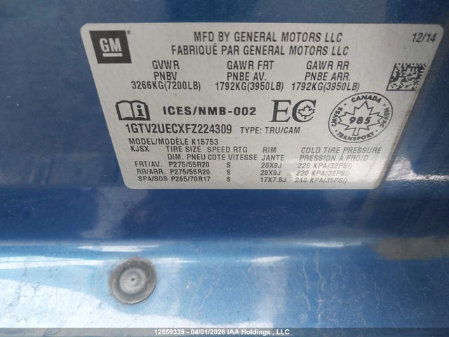 1GTV2UECXFZ224309 GMC Sierra 1500 Sle