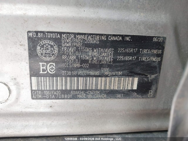 12559346 :رقم المزاد ، 2T3B1RFV5LC118785 vin ، 2020 Toyota Rav4 Le مزاد بيع
