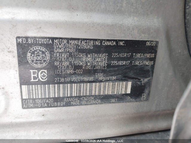 12559346 :رقم المزاد ، 2T3B1RFV5LC118785 vin ، 2020 Toyota Rav4 Le مزاد بيع