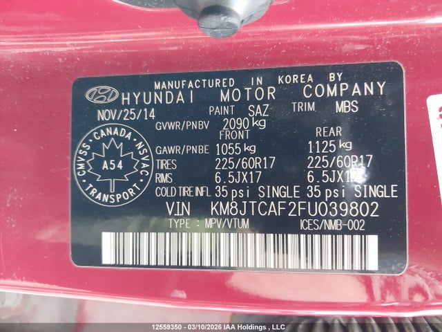 2015 Hyundai Tucson Gl მანქანა იყიდება აუქციონზე, vin: KM8JTCAF2FU039802, აუქციონის ნომერი: 12559350