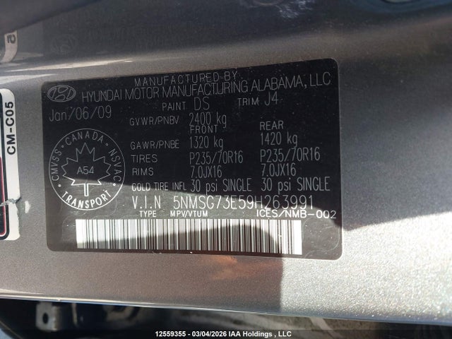 12559355 :رقم المزاد ، 5NMSG73E59H263991 vin ، 2009 Hyundai Santa Fe Gl/gls مزاد بيع
