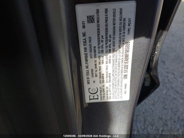 Aukcja sprzedaży 2021 Tesla Model 3 Standard Range/standard Range Plus, vin: 5YJ3E1EA8MF985886, numer aukcji: 12559356
