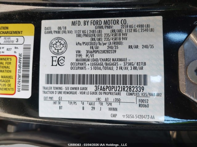 Aukcja sprzedaży 2018 Ford Fusion Se Phev, vin: 3FA6P0PU2JR282339, numer aukcji: 12559363