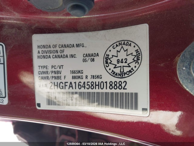 Aukcja sprzedaży 2008 Honda Civic Dx-g, vin: 2HGFA16458H018882, numer aukcji: 12559364