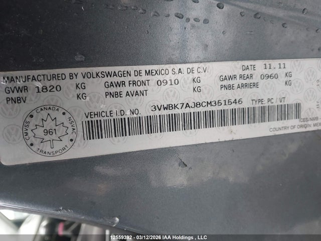 2012 Volkswagen Jetta მანქანა იყიდება აუქციონზე, vin: 3VWBK7AJ8CM351546, აუქციონის ნომერი: 12559392