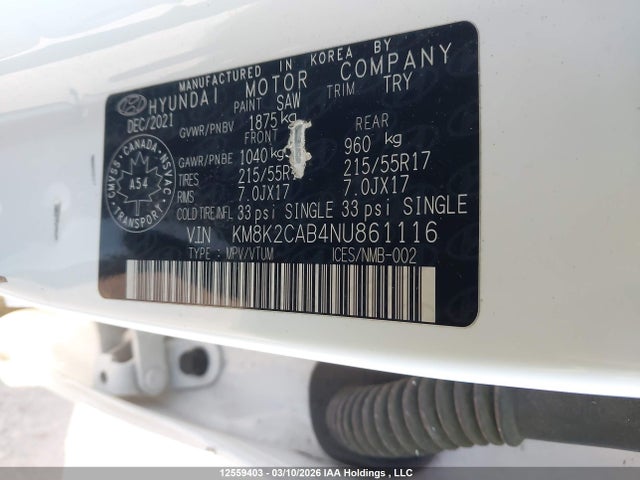 Aukcja sprzedaży 2022 Hyundai Kona Preferred Awd, vin: KM8K2CAB4NU861116, numer aukcji: 12559403