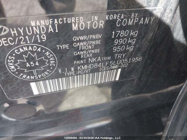 12559404 :رقم المزاد ، KMHD84LF5LU051956 vin ، 2020 Hyundai Elantra مزاد بيع