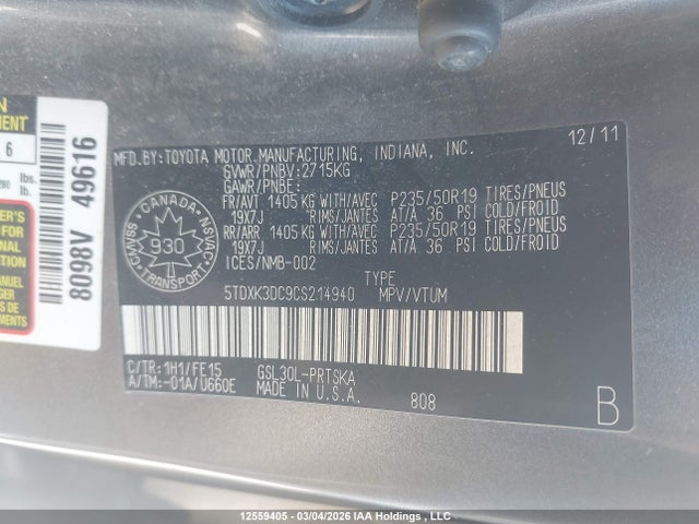 12559405 :رقم المزاد ، 5TDXK3DC9CS214940 vin ، 2012 Toyota Sienna Sport مزاد بيع