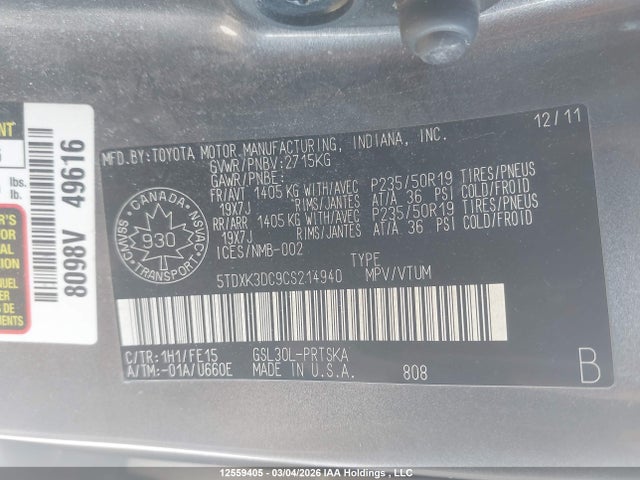 12559405 :رقم المزاد ، 5TDXK3DC9CS214940 vin ، 2012 Toyota Sienna Sport مزاد بيع