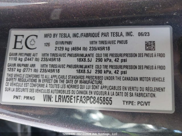 Продаж на аукціоні авто 2023 Tesla Model 3 Rwd, vin: LRW3E1FA3PC845855, номер лоту: 12559406