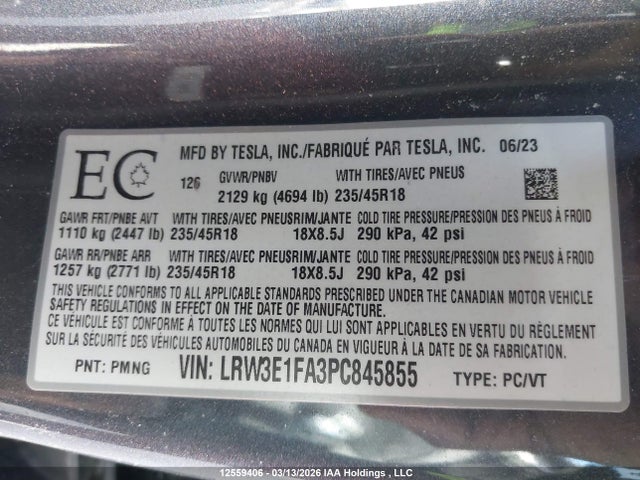 Продаж на аукціоні авто 2023 Tesla Model 3 Rwd, vin: LRW3E1FA3PC845855, номер лоту: 12559406