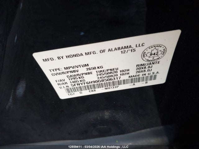 5FNYF6H90GB506317 Honda Pilot Touring