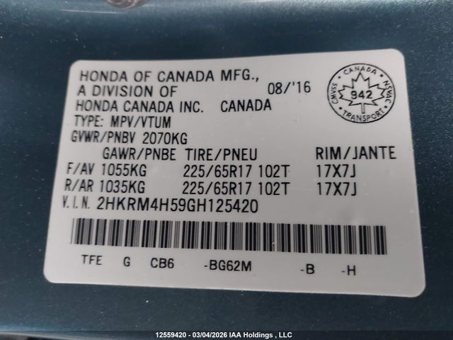 2HKRM4H59GH125420 Honda CR-V EX