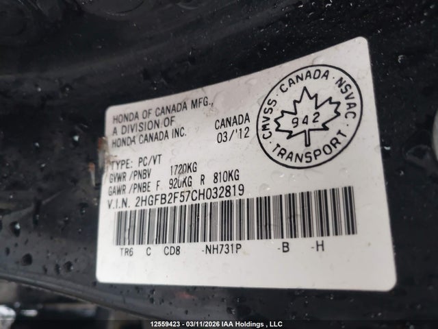 12559423 :رقم المزاد ، 2HGFB2F57CH032819 vin ، 2012 Honda Civic Ex 4dr مزاد بيع
