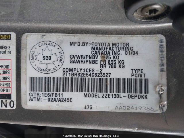 Aukcja sprzedaży 2004 Toyota Corolla Ce/le/sport, vin: 2T1BR32E54C823527, numer aukcji: 12559425