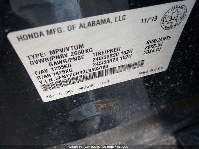Продаж на аукціоні авто 2020 Honda Pilot Touring, vin: 5FNYF6H90LB503783, номер лоту: 12559434