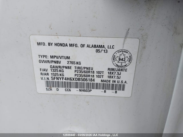 2013 Honda Pilot Ex-l მანქანა იყიდება აუქციონზე, vin: 5FNYF4H6XDB506184, აუქციონის ნომერი: 12559440