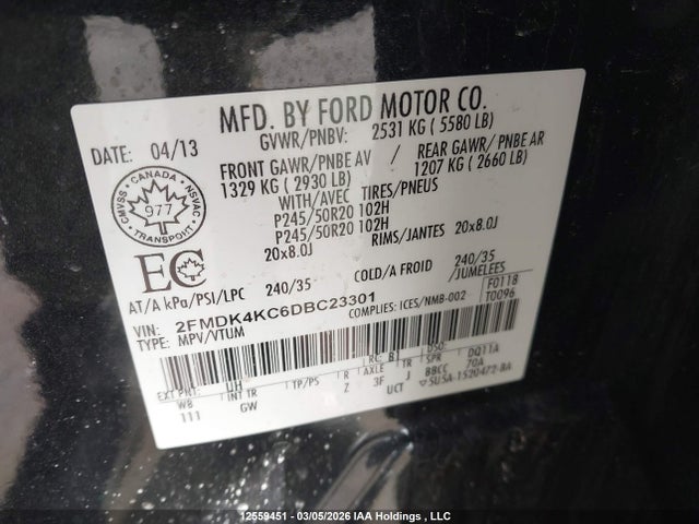 Aukcja sprzedaży 2013 Ford Edge Limited, vin: 2FMDK4KC6DBC23301, numer aukcji: 12559451